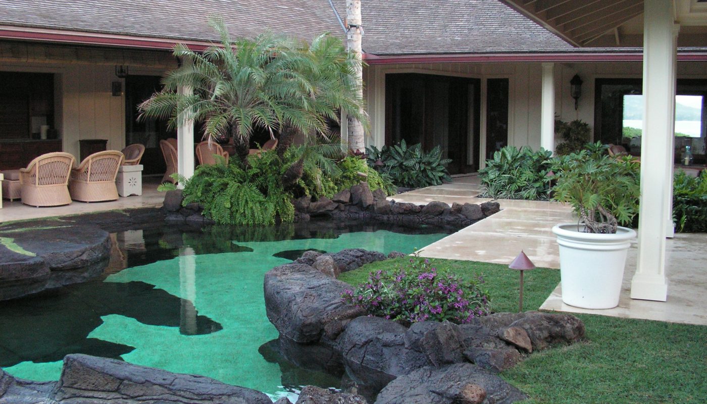 Naturalistic outcroppings and pools harmonize with the walkways.