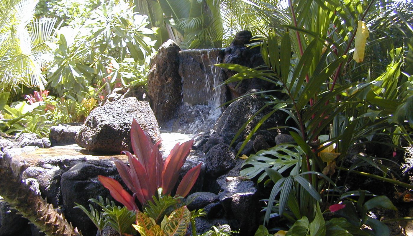 Island-style garden waterfalls