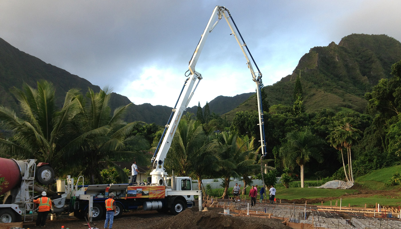 Photo: concrete slab foundation and flatwork for Haiku residence.