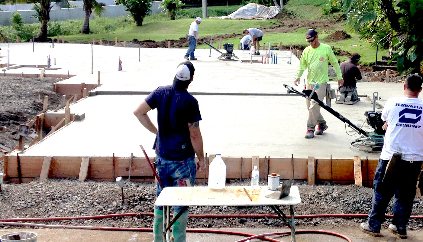 Photo: concrete slab foundation and flatwork for Haiku residence.